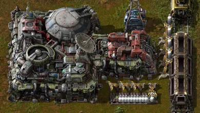 A dense Factorio factory with industrial machinery, production equipment, and robotic arms.