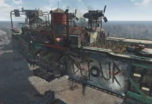 A ramshackle settlement sprawls across an elevated highway in Fallout 4.