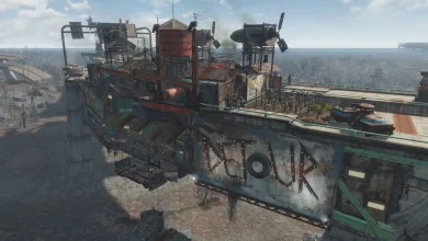 A ramshackle settlement sprawls across an elevated highway in Fallout 4.