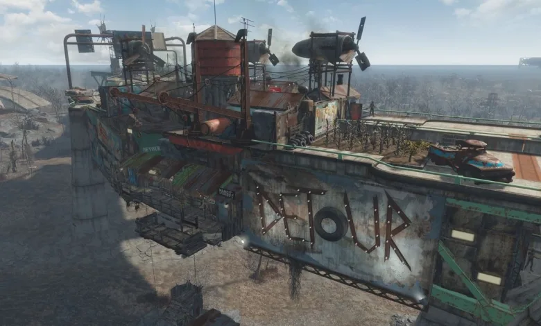 A ramshackle settlement sprawls across an elevated highway in Fallout 4.