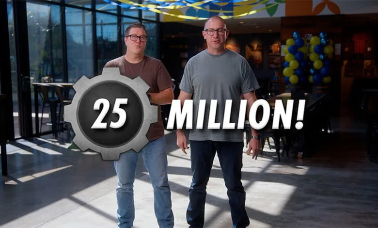 Two men stand beneath a large “25 MILLION!” graphic in a Fallout 76 announcement image.