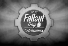A monochrome gear-shaped emblem reads Fallout Day 2026 Celebrations.
