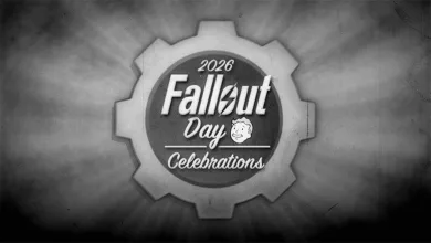 A monochrome gear-shaped emblem reads Fallout Day 2026 Celebrations.