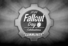 A grayscale Fallout Day 2026 Celebrations emblem labeled “Community.”