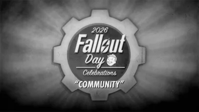 A grayscale Fallout Day 2026 Celebrations emblem labeled “Community.”