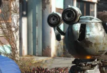 A player character looks toward a weathered hovering robot in a ruined neighborhood.