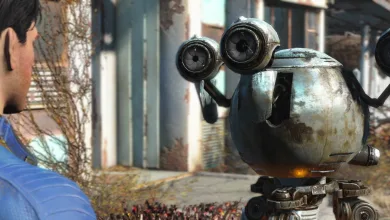 A player character looks toward a weathered hovering robot in a ruined neighborhood.