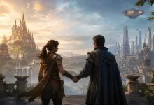 Two cloaked figures join hands between a fantasy castle and a futuristic city.