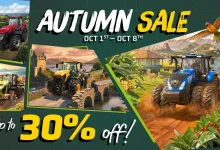 Farming Simulator 25 Autumn Sale artwork showing tractors, rural landscapes, and alpacas