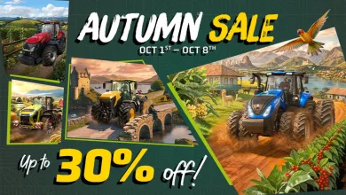 Farming Simulator 25 Autumn Sale artwork showing tractors, rural landscapes, and alpacas