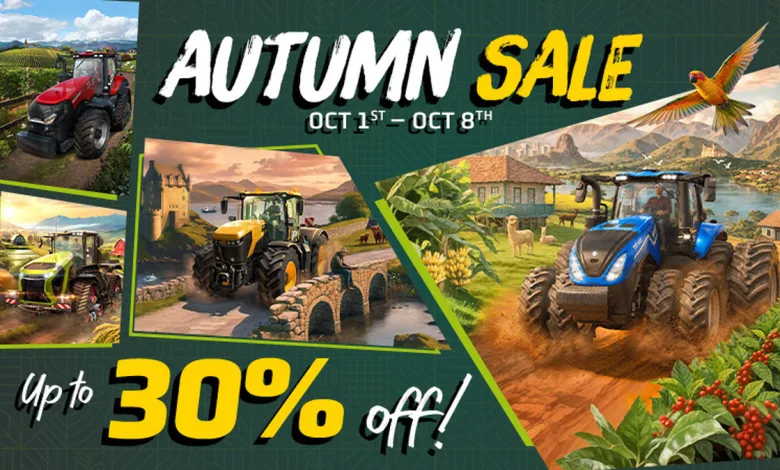 Farming Simulator 25 Autumn Sale artwork showing tractors, rural landscapes, and alpacas