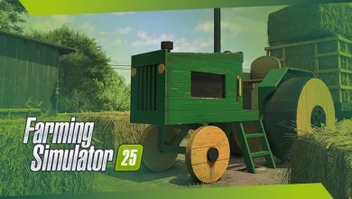 A green baler sits among hay bales in a Farming Simulator 25 farmyard.
