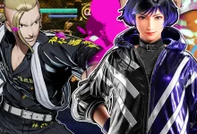A purple-haired woman in a black-and-silver jacket stands beside a blond fighter in a black outfit.