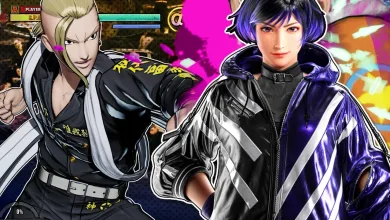 A purple-haired woman in a black-and-silver jacket stands beside a blond fighter in a black outfit.