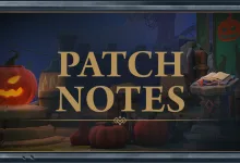 A framed Fellowship patch notes graphic surrounded by pumpkins and Halloween decorations.