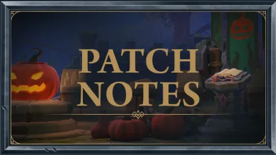 A framed Fellowship patch notes graphic surrounded by pumpkins and Halloween decorations.