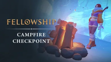 Fellowship scene showing an adventurer beside a campfire in an icy dungeon