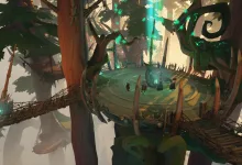 A circular platform and wooden bridges among towering trees, with green magical light in the forest.