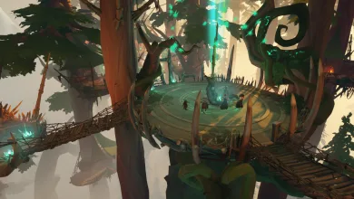 A circular platform and wooden bridges among towering trees, with green magical light in the forest.
