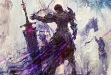 An armored warrior holds a large sword with a purple glow amid pale, ethereal figures.