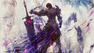 An armored warrior holds a large sword with a purple glow amid pale, ethereal figures.