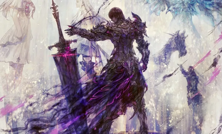 An armored warrior holds a large sword with a purple glow amid pale, ethereal figures.