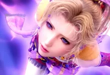 Close-up of a blonde woman in ornate purple clothing against a glowing purple background.