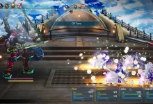 The party battles Gilgamesh aboard a ship in FINAL FANTASY RESONANCE, with the Gil Toss ability and turn-order and character status displays visible.