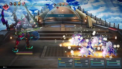 The party battles Gilgamesh aboard a ship in FINAL FANTASY RESONANCE, with the Gil Toss ability and turn-order and character status displays visible.