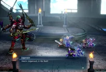 Pixel-art party members face Gilgamesh in a Final Fantasy Resonance dialogue scene.
