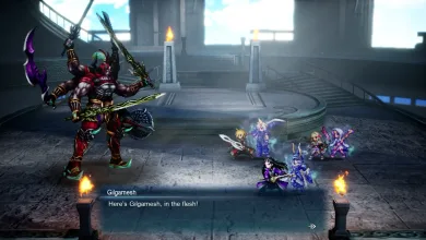 Pixel-art party members face Gilgamesh in a Final Fantasy Resonance dialogue scene.
