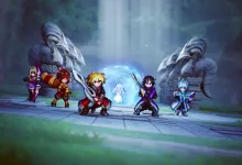 Pixel-art party members stand before a glowing portal between two stone statues in Final Fantasy Resonance.
