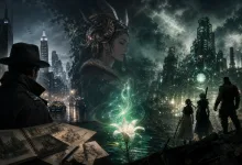 A shadowed detective studies city maps as three fantasy adventurers stand beside a glowing flower beneath a futuristic skyline.