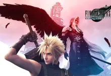Cloud holds his sword in the foreground as Sephiroth stands behind him against a pale pink Midgar backdrop.