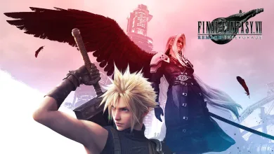 Cloud holds his sword in the foreground as Sephiroth stands behind him against a pale pink Midgar backdrop.