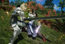Cloud and a sword-wielding companion clash in a lush jungle in Final Fantasy VII Revelation.
