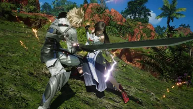 Cloud and a sword-wielding companion clash in a lush jungle in Final Fantasy VII Revelation.