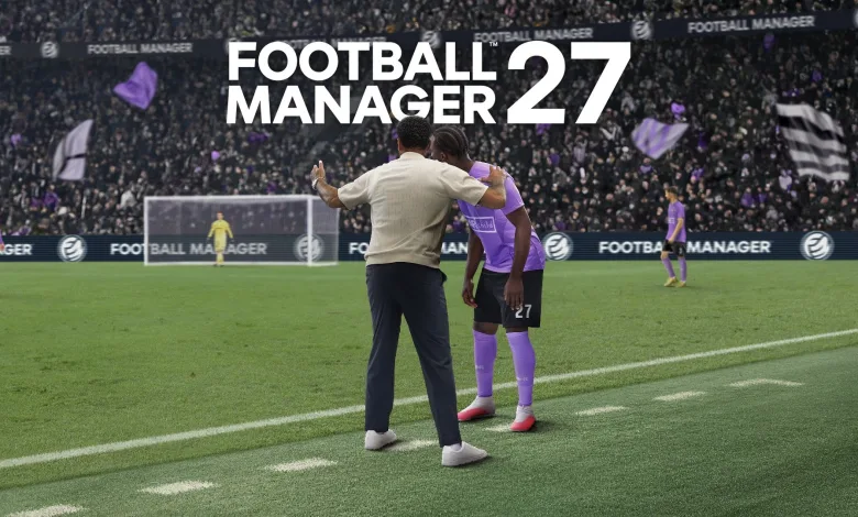 A manager embraces a player on the pitch in Football Manager 27.