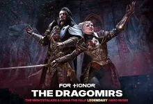 Two armored For Honor characters, The Nightstalker and Liana the Pale, pose together before a stone archway.