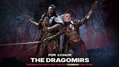 Two armored For Honor characters, The Nightstalker and Liana the Pale, pose together before a stone archway.