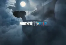 Fortnite and One Piece logos appear over the silhouette of a ship in a cloudy night sky.