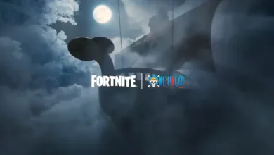 Fortnite and One Piece logos appear over the silhouette of a ship in a cloudy night sky.