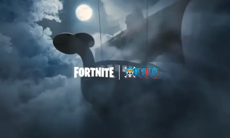 Fortnite and One Piece logos appear over the silhouette of a ship in a cloudy night sky.