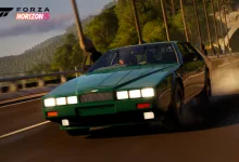 A green 1990 Aston Martin Lagonda driving across a bridge in Forza Horizon 5