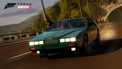 A green 1990 Aston Martin Lagonda driving across a bridge in Forza Horizon 5
