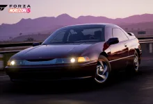 A dark-colored 1996 Subaru SVX driving on a road at dusk in Forza Horizon 5.