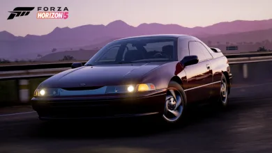 A dark-colored 1996 Subaru SVX driving on a road at dusk in Forza Horizon 5.