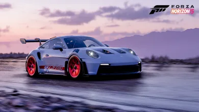 A white Porsche 911 GT3 RS with red wheels driving through a snowy landscape in Forza Horizon 5.