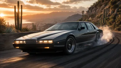 A dark gray Aston Martin Lagonda slides through a smoky drift on a desert road, with a sunset over a cactus-covered valley.