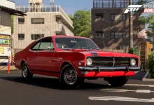 A red 1968 Holden Monaro parked on a Japanese city street in Forza Horizon 6.